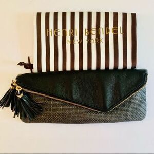 Henri Bendel Black Leather Clutch with tweed front